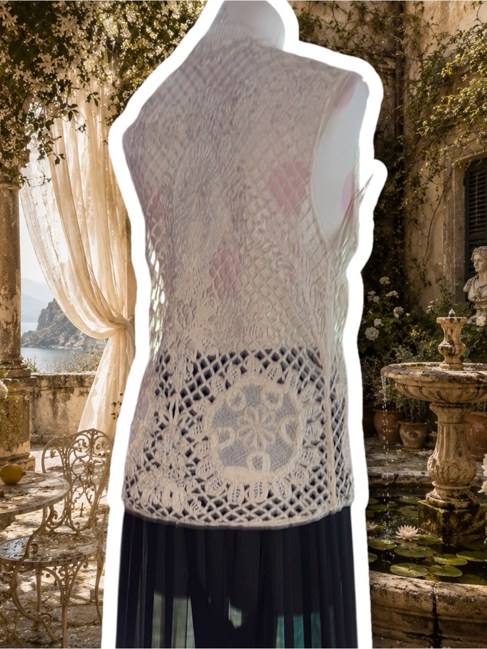 Zara Cream Crochet Lace Sleeveless Vest Tie Front Top XS / S - Picture 3 of 4